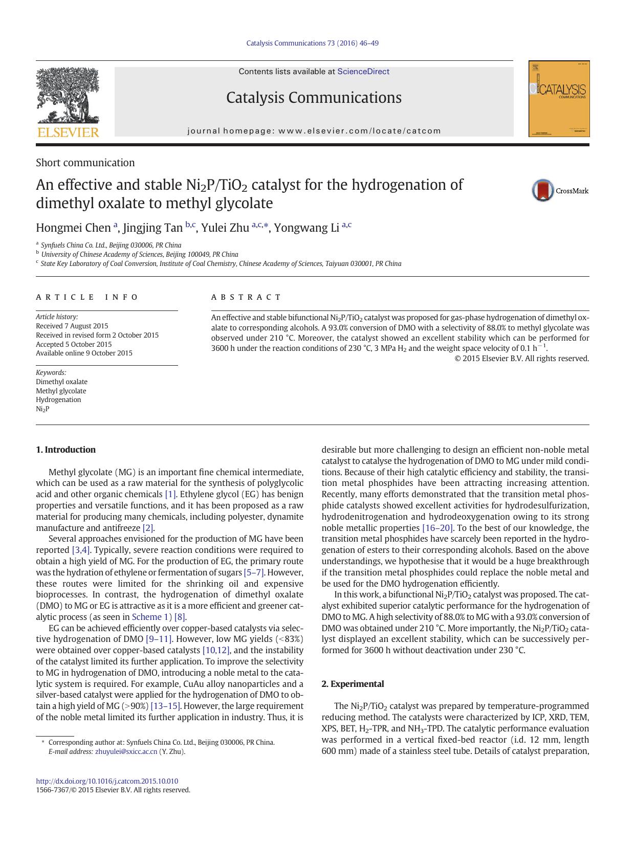 An effective and stable Ni2PTiO2 catalyst for the hydrogenation of dimethyl oxalate to methyl glycolate by Hongmei Chen & Jingjing Tan & Yulei Zhu & Yongwang Li