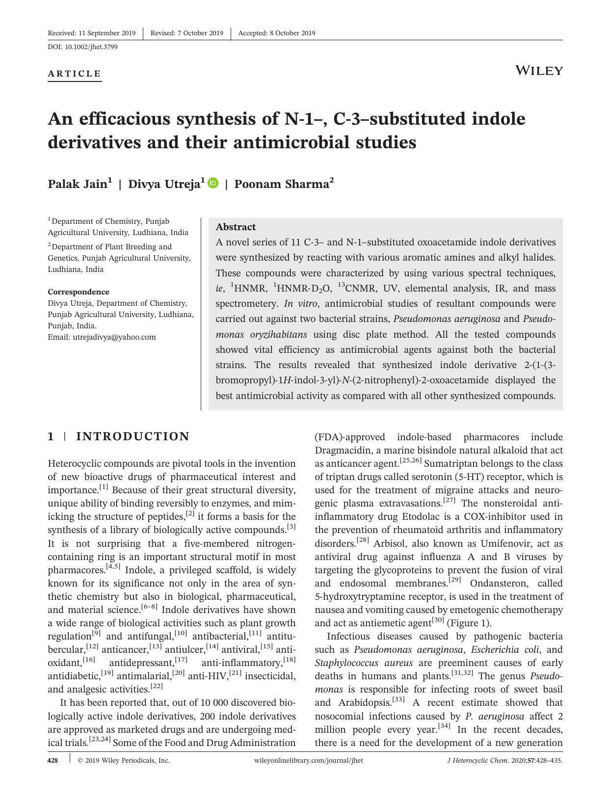 An efficacious synthesis of Nâ1â, Câ3âsubstituted indole derivatives and their antimicrobial studies by Palak Jain Divya Utreja Poonam Sharma