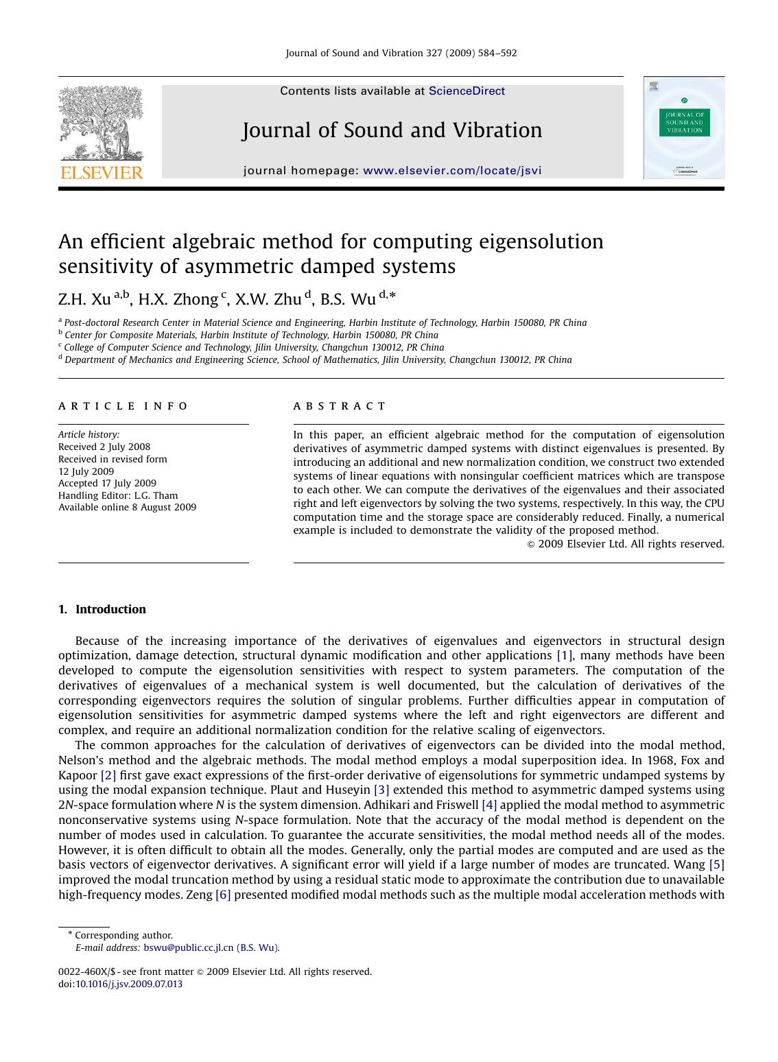 An efficient algebraic method for computing eigensolution sensitivity of asymmetric damped systems by Z.H. Xu; H.X. Zhong; X.W. Zhu; B.S. Wu
