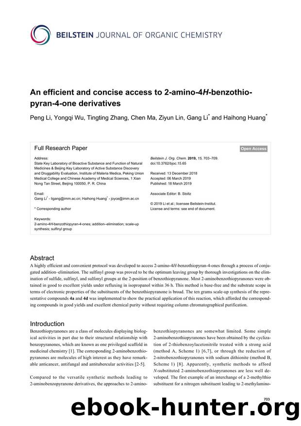An efficient and concise access to 2-amino-4H-benzothiopyran-4-one derivatives by Peng Li Yongqi Wu Tingting Zhang Chen Ma Ziyun Lin Gang Li Haihong Huang