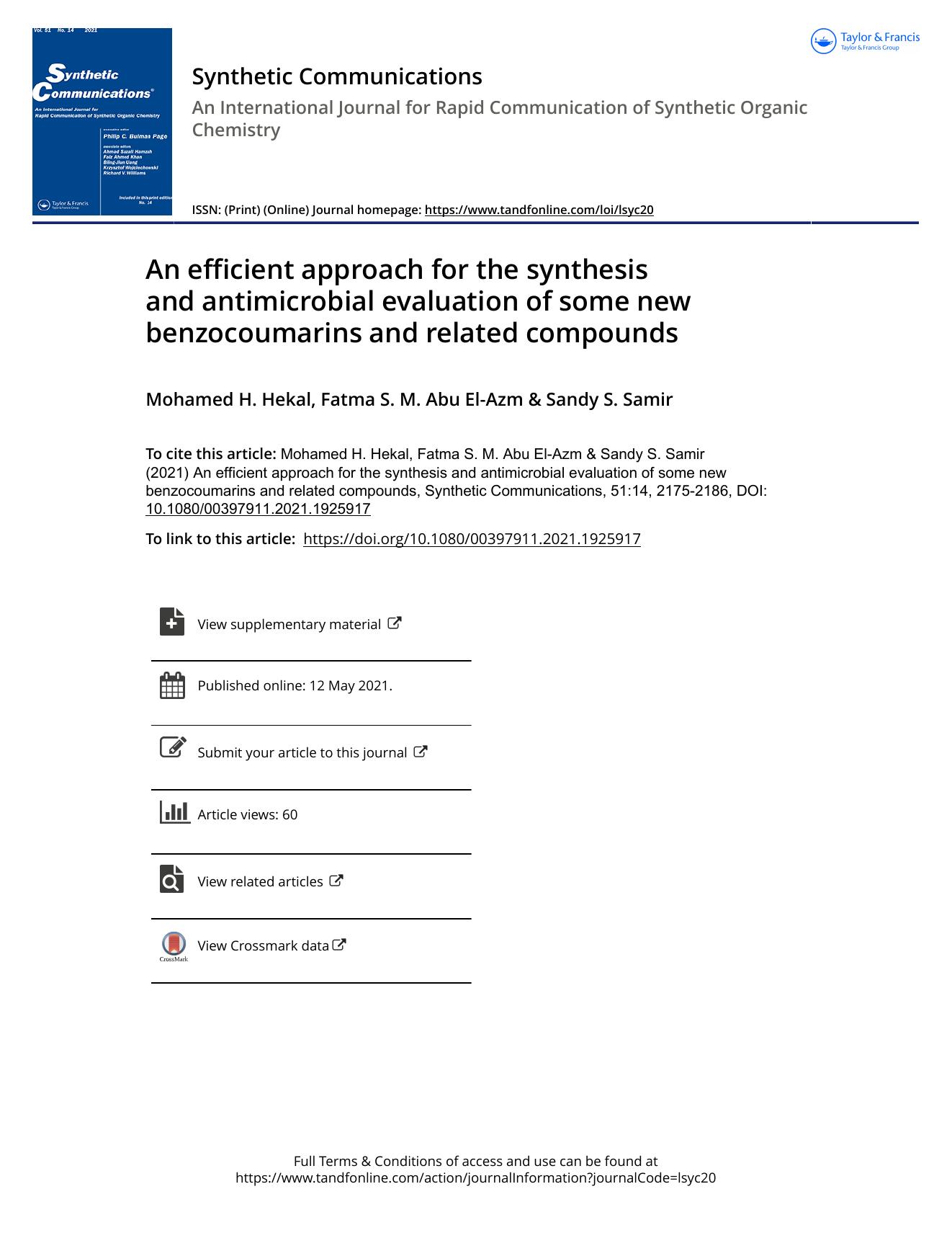 An efficient approach for the synthesis and antimicrobial evaluation of some new benzocoumarins and related compounds by Hekal Mohamed H. & Abu El-Azm Fatma S. M. & Samir Sandy S