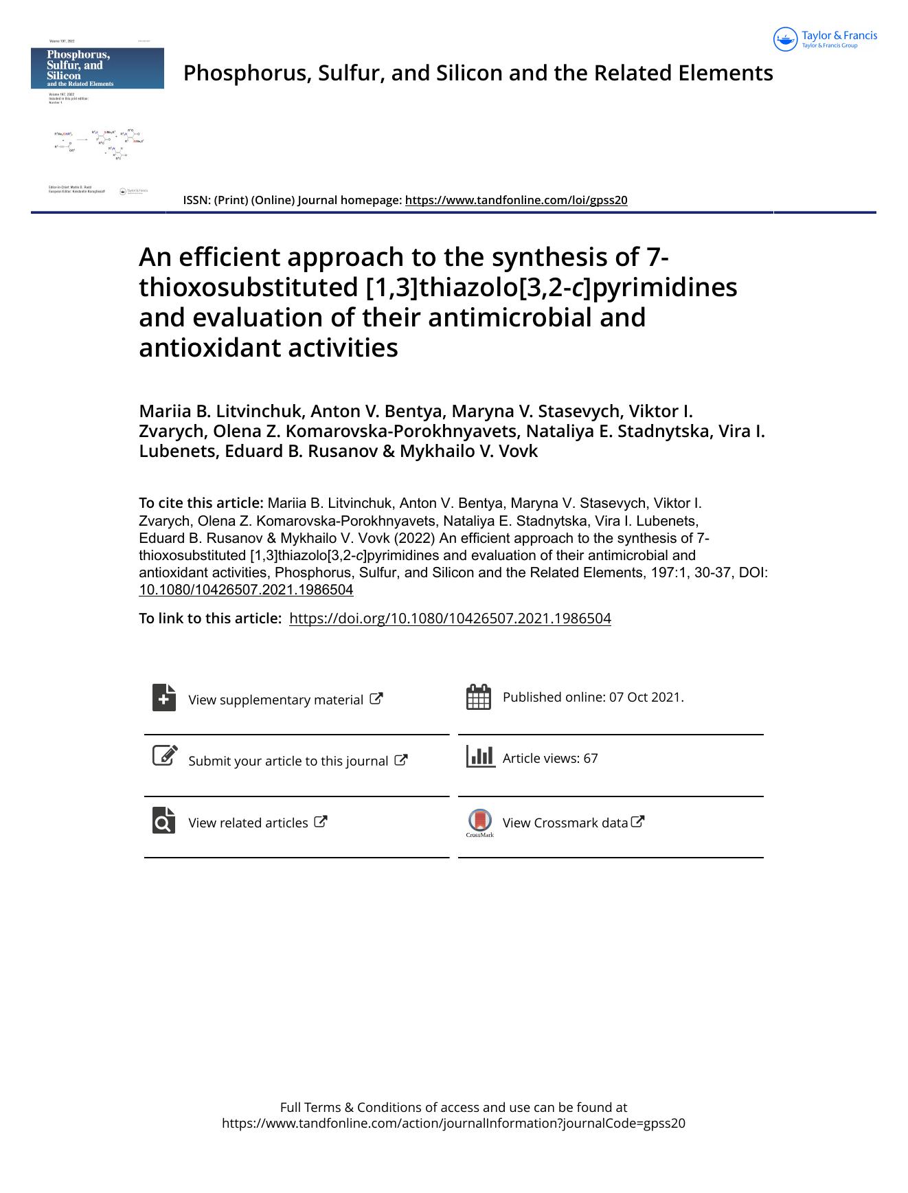 An efficient approach to the synthesis of 7-thioxosubstituted [1,3]thiazolo[3,2-c]pyrimidines and evaluation of their antimicrobial and antioxidant activities by unknow
