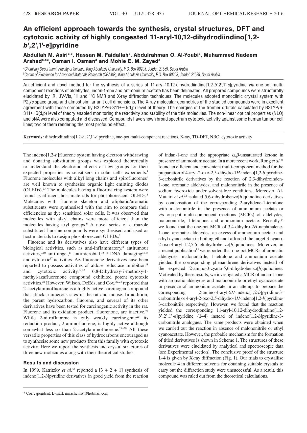 An efficient approach towards the synthesis, crystal structures, DFT and cytotoxic activity of highly congested 11-aryl-10,12-dihydrodiindino[1,2-b',2',1'- e]pyridine by unknow