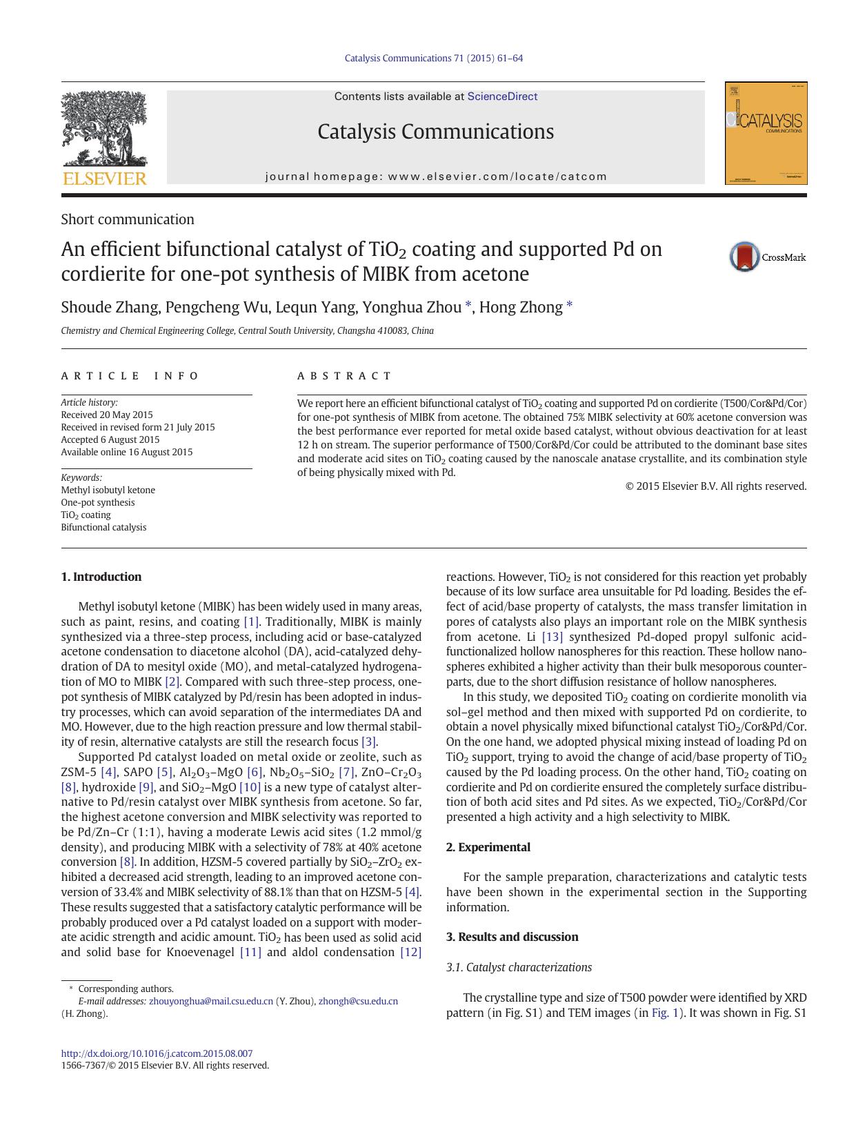 An efficient bifunctional catalyst of TiO2 coating and supported Pd on cordierite for one-pot synthesis of MIBK from acetone by Shoude Zhang & Pengcheng Wu & Lequn Yang & Yonghua Zhou & Hong Zhong