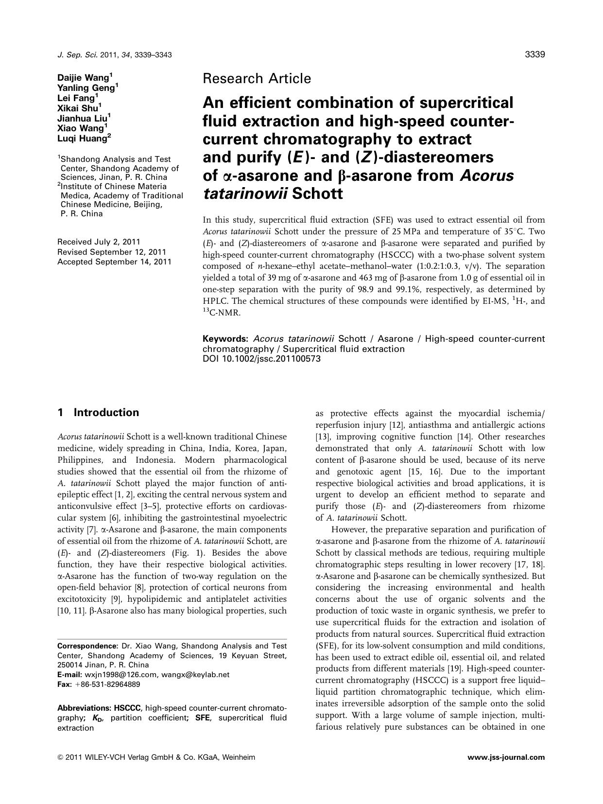 An efficient combination of supercritical fluid extraction and highspeed countercurrent chromatography to extract and purify (E) and (Z)diastereomers of asarone and asarone from Ac by Unknown