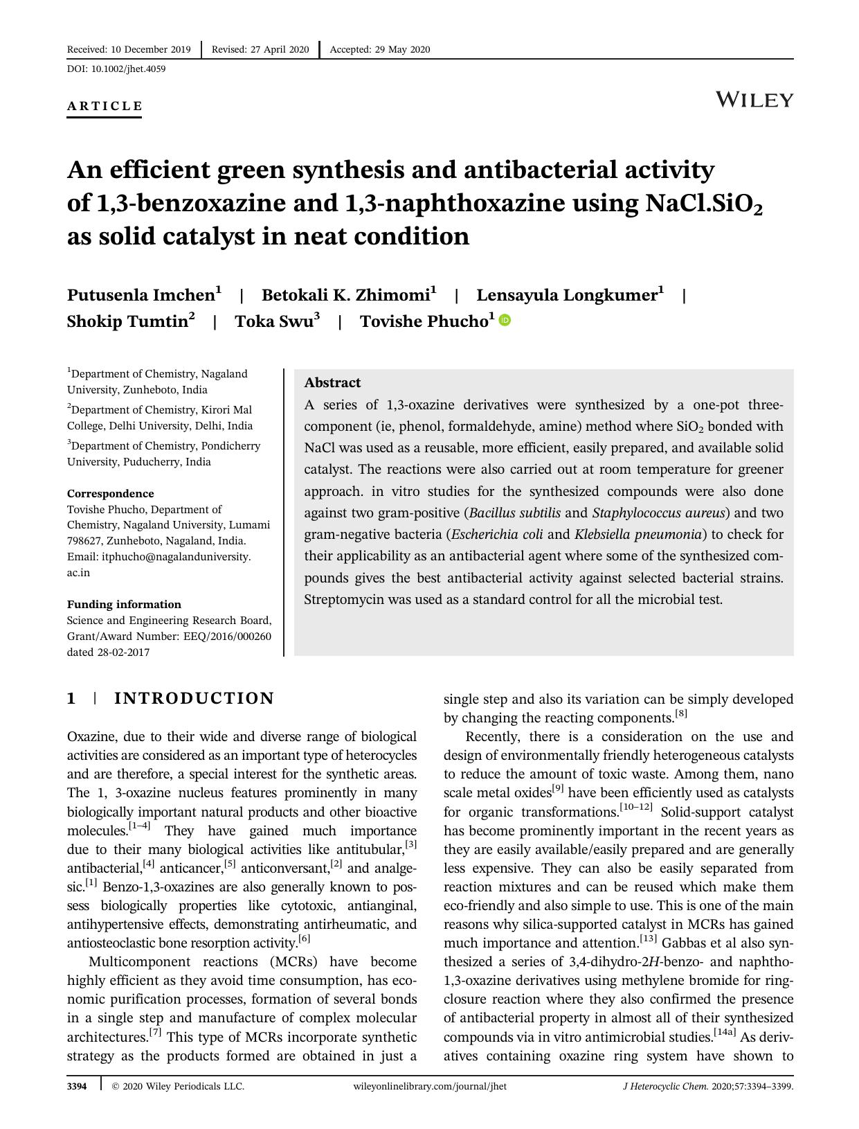 An efficient green synthesis and antibacterial activity of 1,3-benzoxazine and 1,3-Naphthoxazine using NaCl.SiO2 as solid catalyst in neat condition. by Unknown