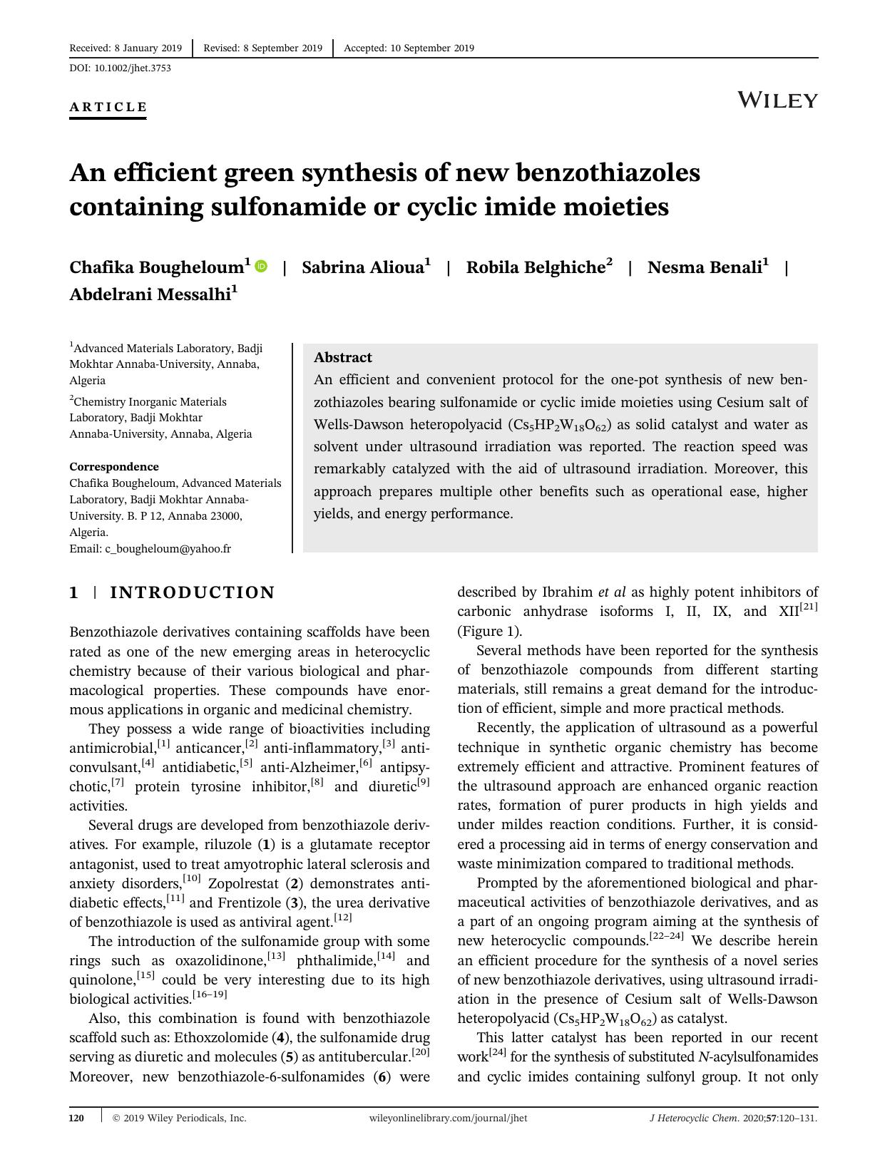 An efficient green synthesis of new benzothiazoles containing sulfonamide or cyclic imide moieties by Chafika Bougheloum Sabrina Alioua Robila Belghiche Nesma Benali Abdelrani Messalhi