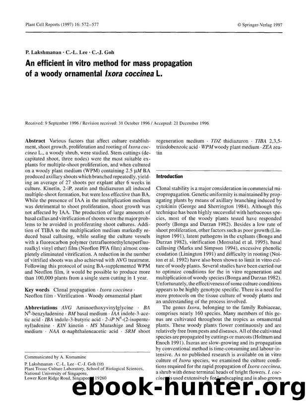 An efficient in vitro method for mass propagation of a woody ornamental <Emphasis Type="Italic">Ixora coccinea <Emphasis> L. by Unknown