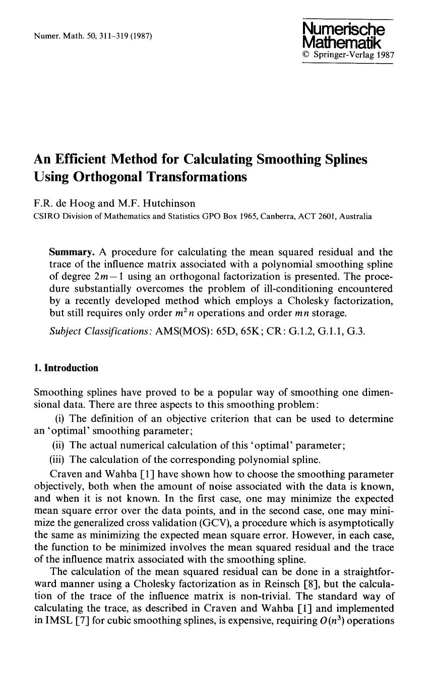 An efficient method for calculating smoothing splines using orthogonal transformations by Unknown