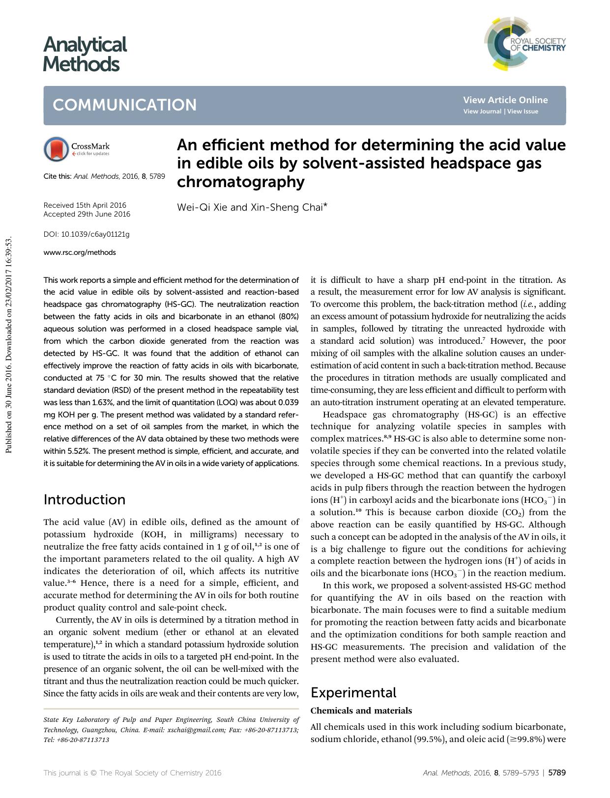 An efficient method for determining the acid value in edible oils by solvent-assisted headspace gas chromatography by Wei-Qi Xie & Xin-Sheng Chai