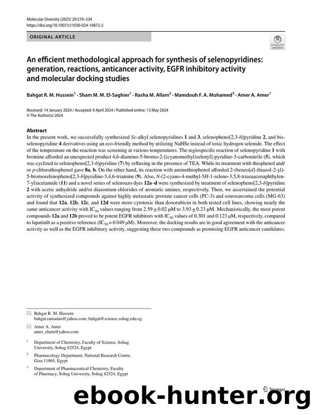 An efficient methodological approach for synthesis of selenopyridines: generation, reactions, anticancer activity, EGFR inhibitory activity and molecular docking studies by unknow