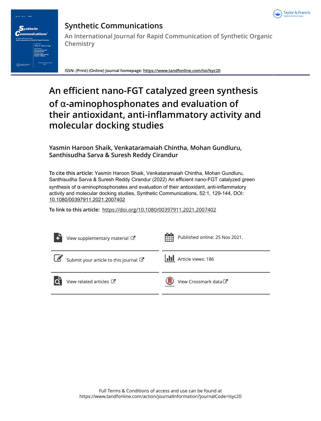 An efficient nano-FGT catalyzed green synthesis of Î±-aminophosphonates and evaluation of their antioxidant, anti-inflammatory activity and molecular docking studies by unknow