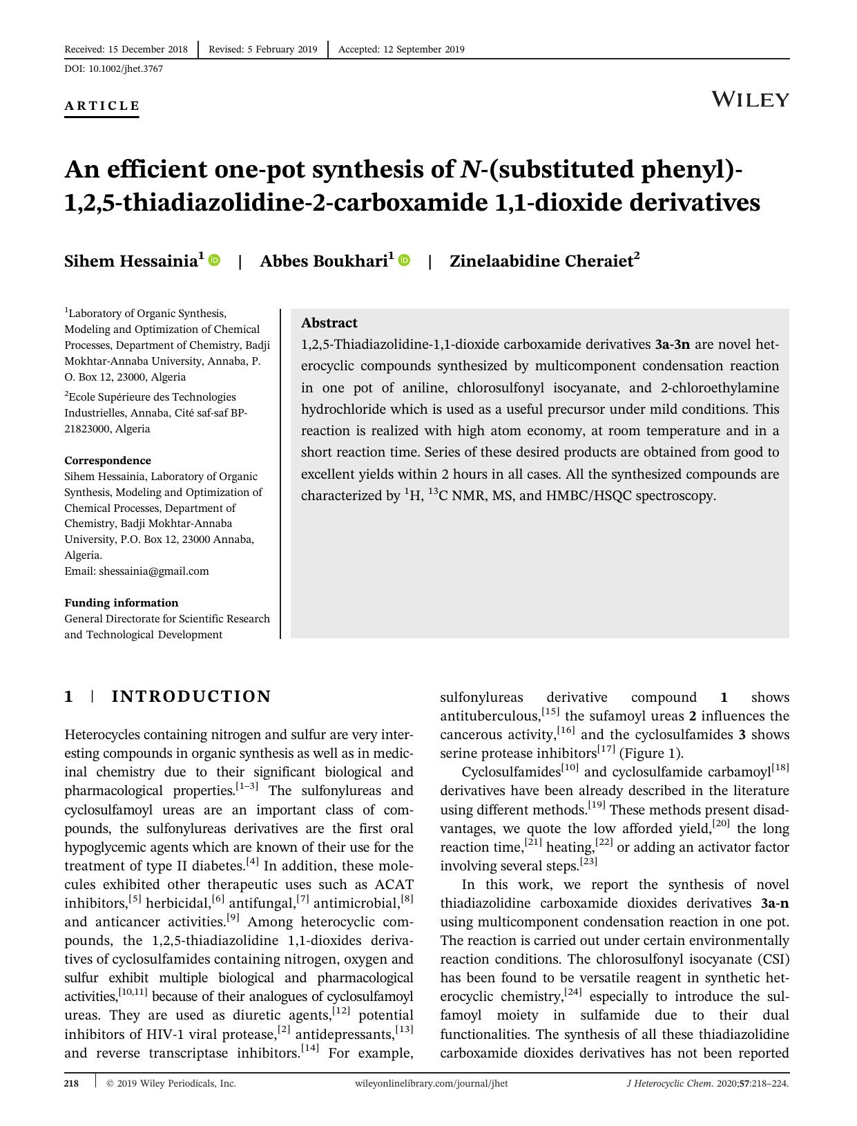 An efficient oneâpot synthesis of Nâ(substituted phenyl)â1,2,5âthiadiazolidineâ2âcarboxamide 1,1âdioxide derivatives by Sihem Hessainia Abbes Boukhari Zinelaabidine Cheraiet