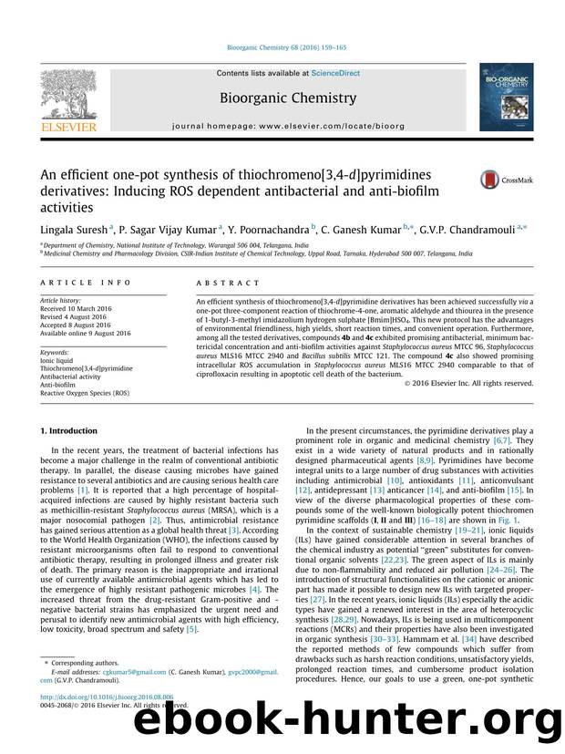 An efficient one-pot synthesis of thiochromeno[3,4-d]pyrimidines derivatives: Inducing ROS dependent antibacterial and anti-biofilm activities by Lingala Suresh & P. Sagar Vijay Kumar & Y. Poornachandra & C. Ganesh Kumar & G.V.P. Chandramouli