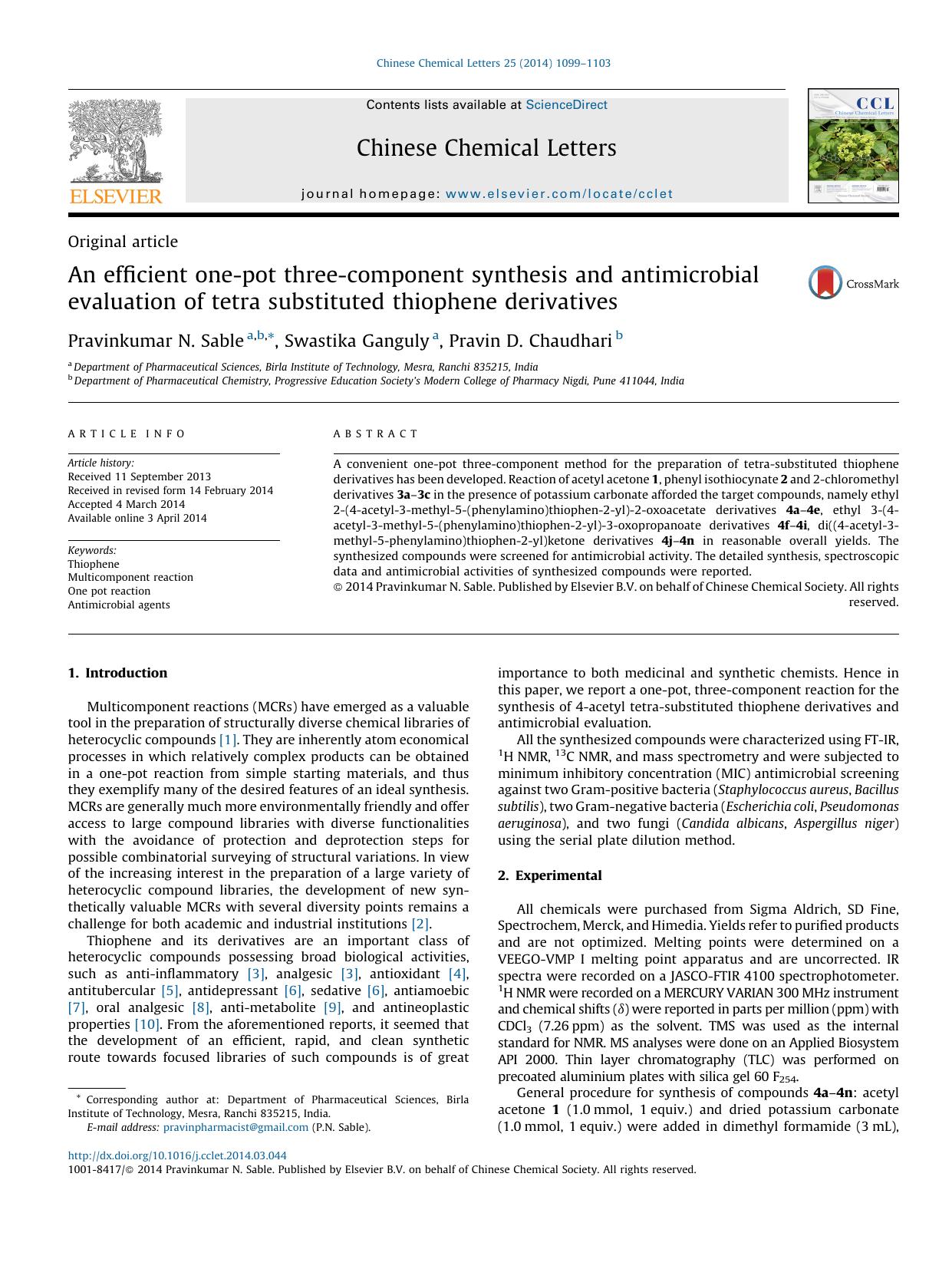 An efficient one-pot three-component synthesis and antimicrobial evaluation of tetra substituted thiophene derivatives by Pravinkumar N. Sable & Swastika Ganguly & Pravin D. Chaudhari