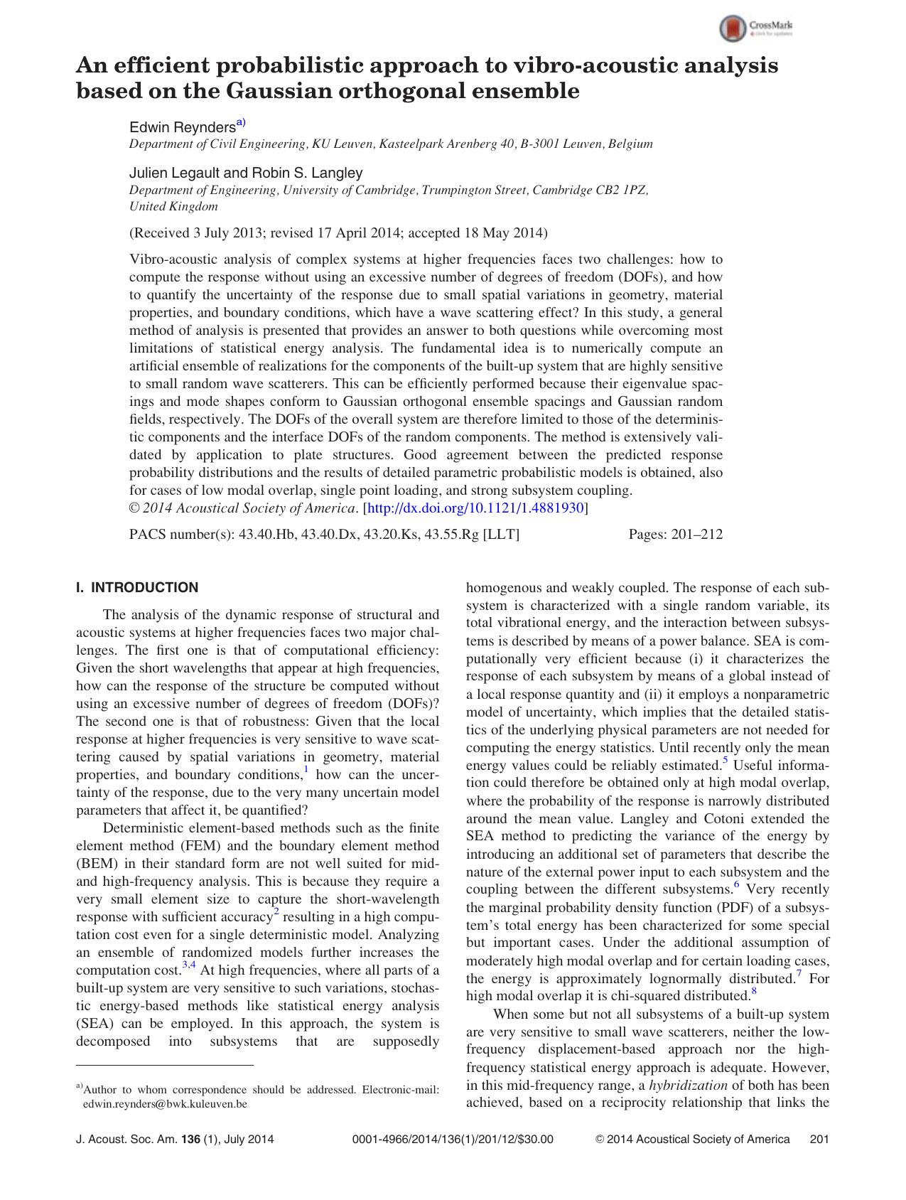 An efficient probabilistic approach to vibro-acoustic analysis based on the Gaussian orthogonal ensemble by Edwin Reynders & Julien Legault & Robin S. Langley