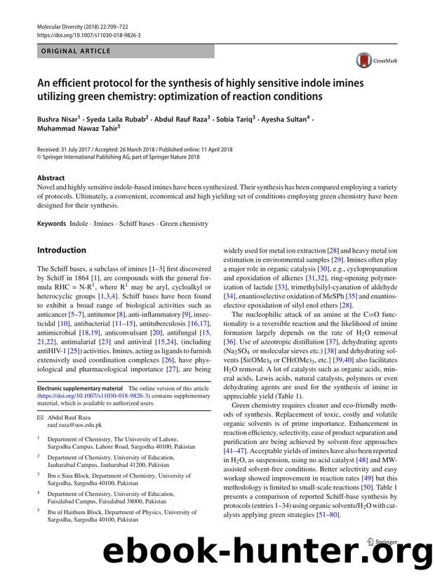 An efficient protocol for the synthesis of highly sensitive indole imines utilizing green chemistry: optimization of reaction conditions by unknow