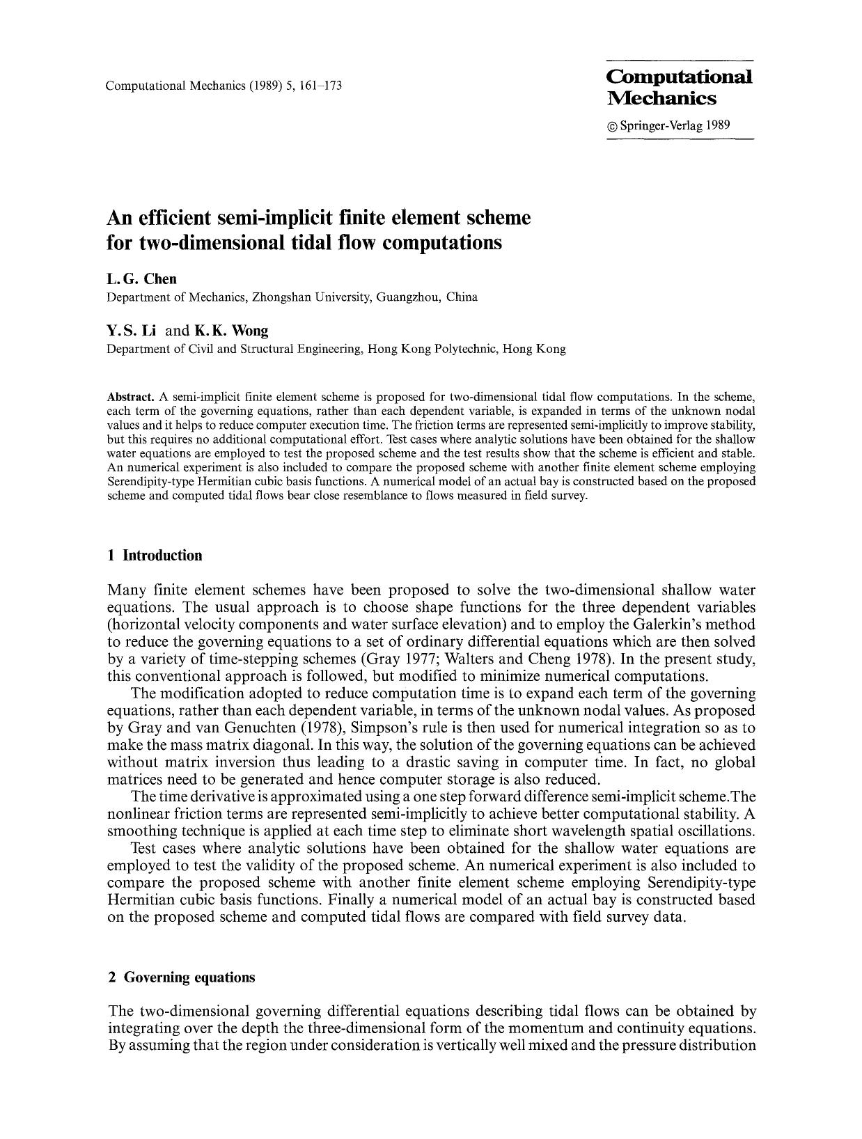 An efficient semi-implicit finite element scheme for two-dimensional tidal flow computations by Unknown