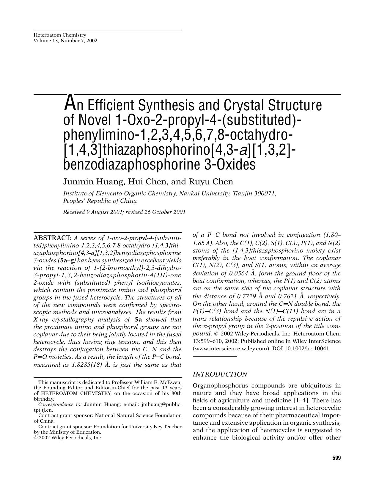 An efficient synthesis and crystal structure of novel 1-oxo-2-propyl-4-(substituted)phenylimino-1,2,3,4,5,6,7,8-octahydro[1,4,3]thiazaphosphorino[4,3-a][1,3,2]benzodiazaphosphorine 3-oxides by pinnacle
