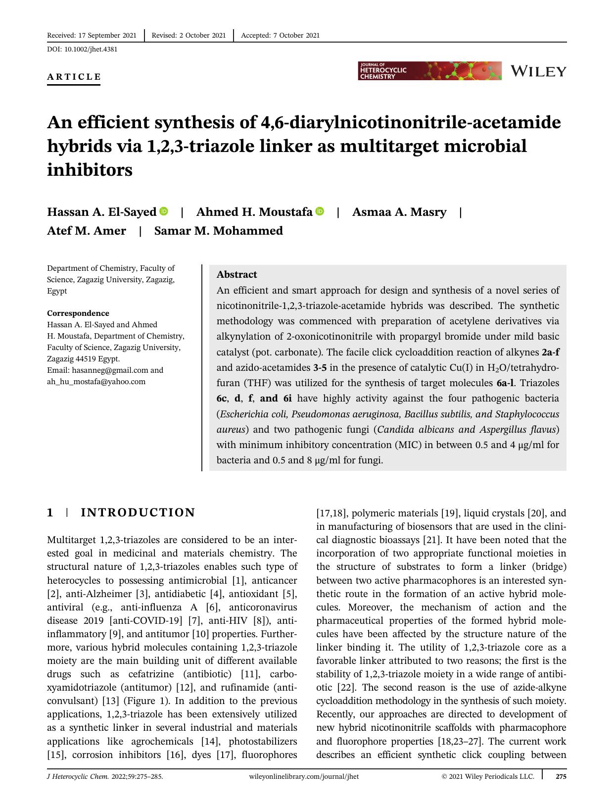 An efficient synthesis of 4,6-diarylnicotinonitrile-acetamide hybrids via 1,2,3-triazole linker as Multi-target microbial inhibitors by Unknown