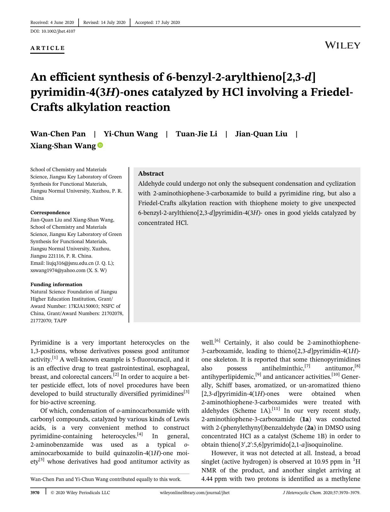 An efficient synthesis of 6-benzyl-2-arylthieno[2,3-d]pyrimidin-4(3H)-ones catalyzed by HCl involving a Friedel-Crafts alkylation reaction by Unknown