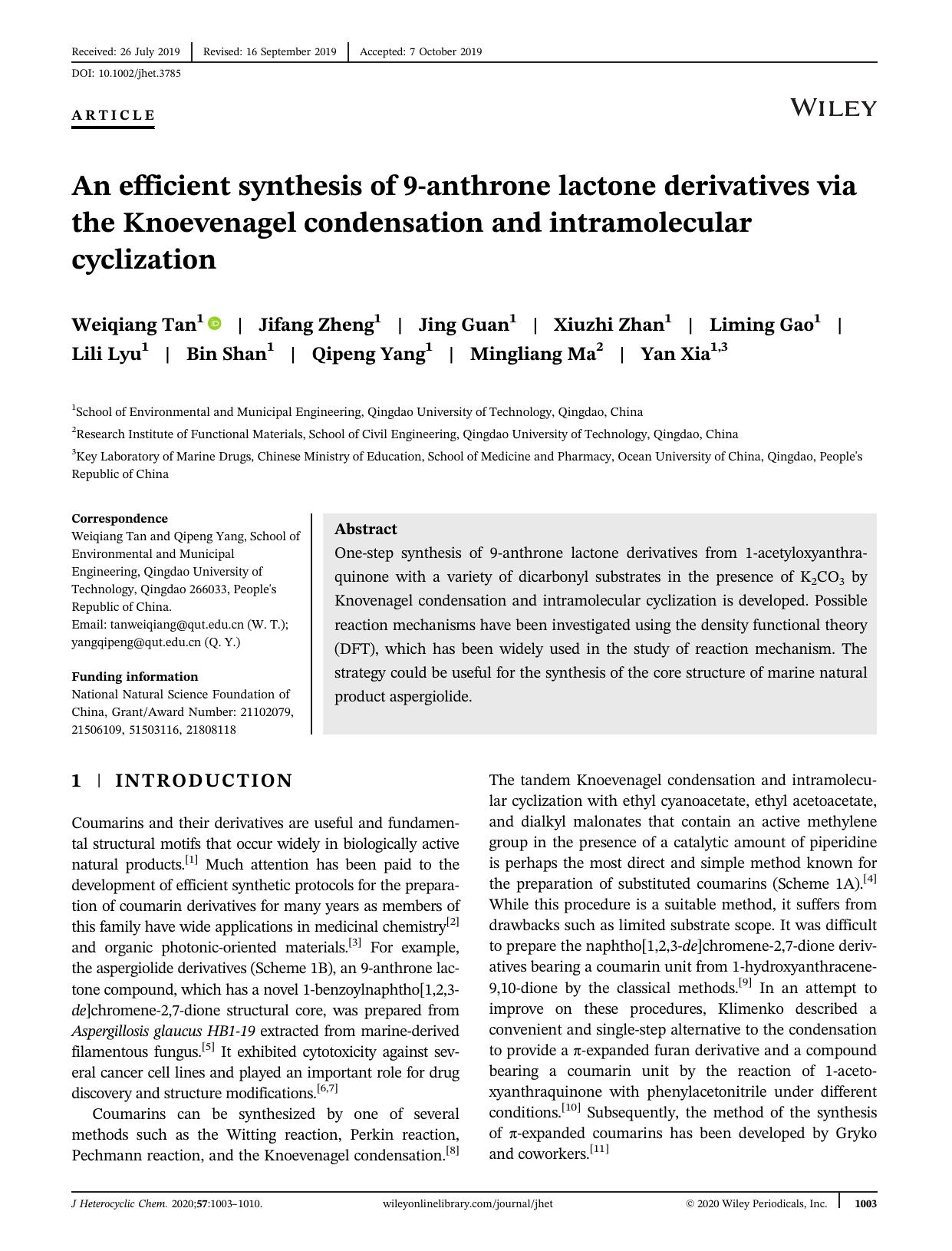 An efficient synthesis of 9âanthrone lactone derivatives via the Knoevenagel condensation and intramolecular cyclization by unknow