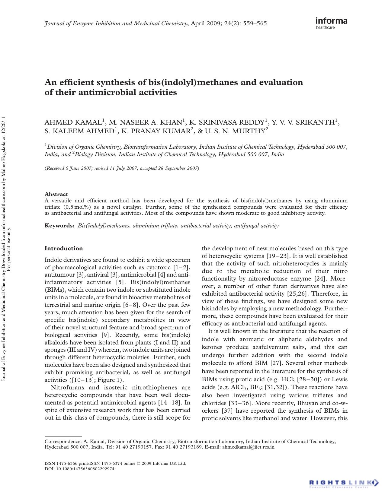 An efficient synthesis of bis(indolyl)methanes and evaluation of their antimicrobial activities by unknow