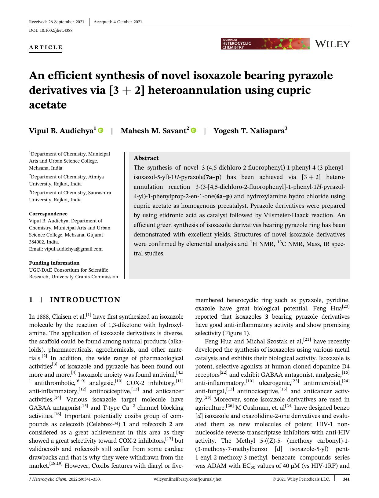An efficient synthesis of novel isoxazole bearing pyrazole derivatives via [3+2] heteroannulation using cupric acetate. by Unknown
