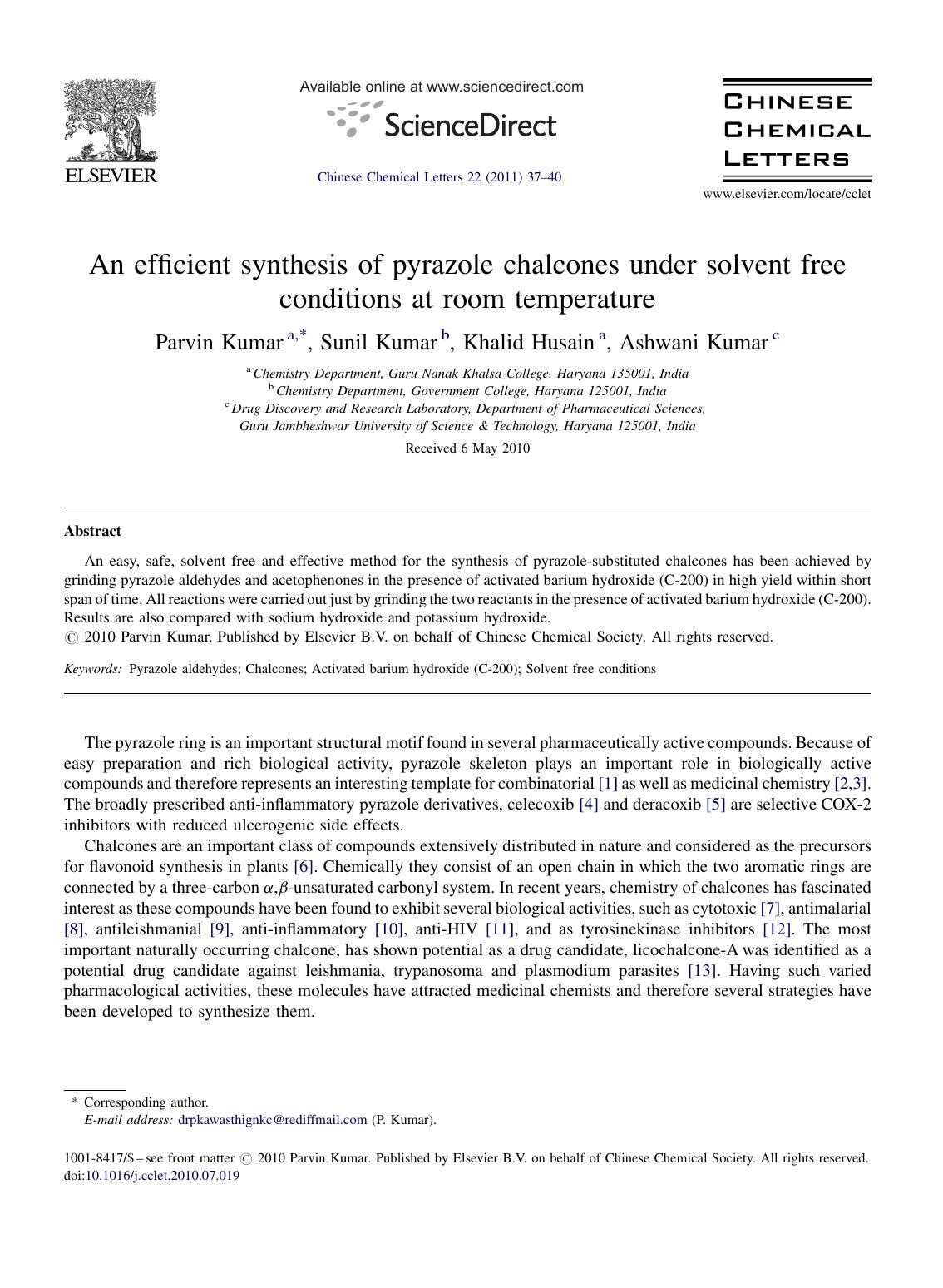 An efficient synthesis of pyrazole chalcones under solvent free conditions at room temperature by Parvin Kumar