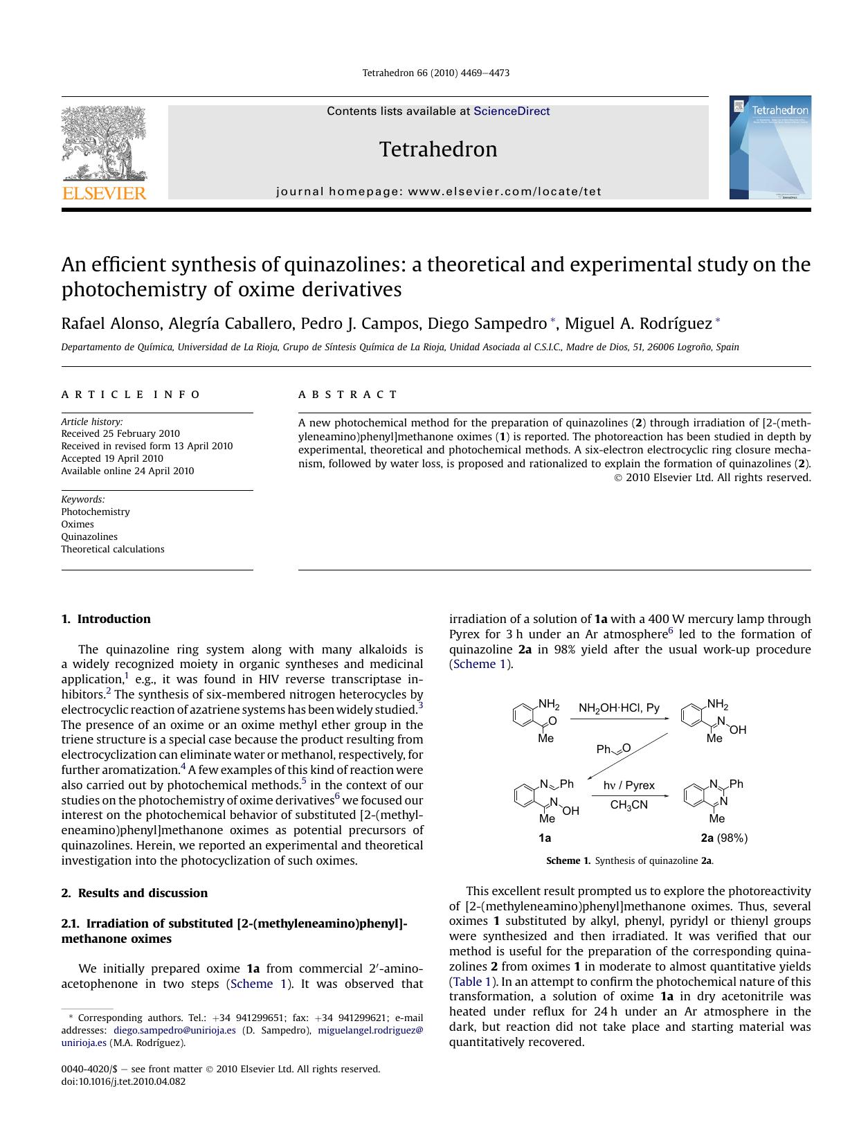 An efficient synthesis of quinazolines: a theoretical and experimental study on the photochemistry of oxime derivatives by Alegría Caballero & Pedro J. Campos & Diego Sampedro & Miguel A. Rodríguez