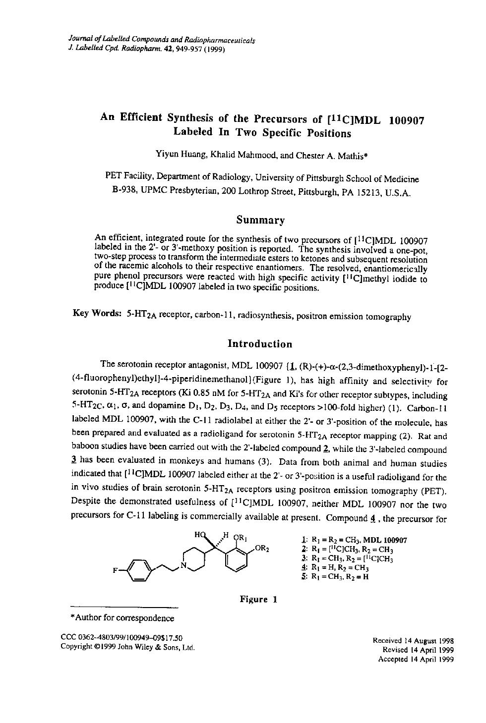 An efficient synthesis of the precursors of [11C]MDL 100907 labeled in two specific positions by Unknown