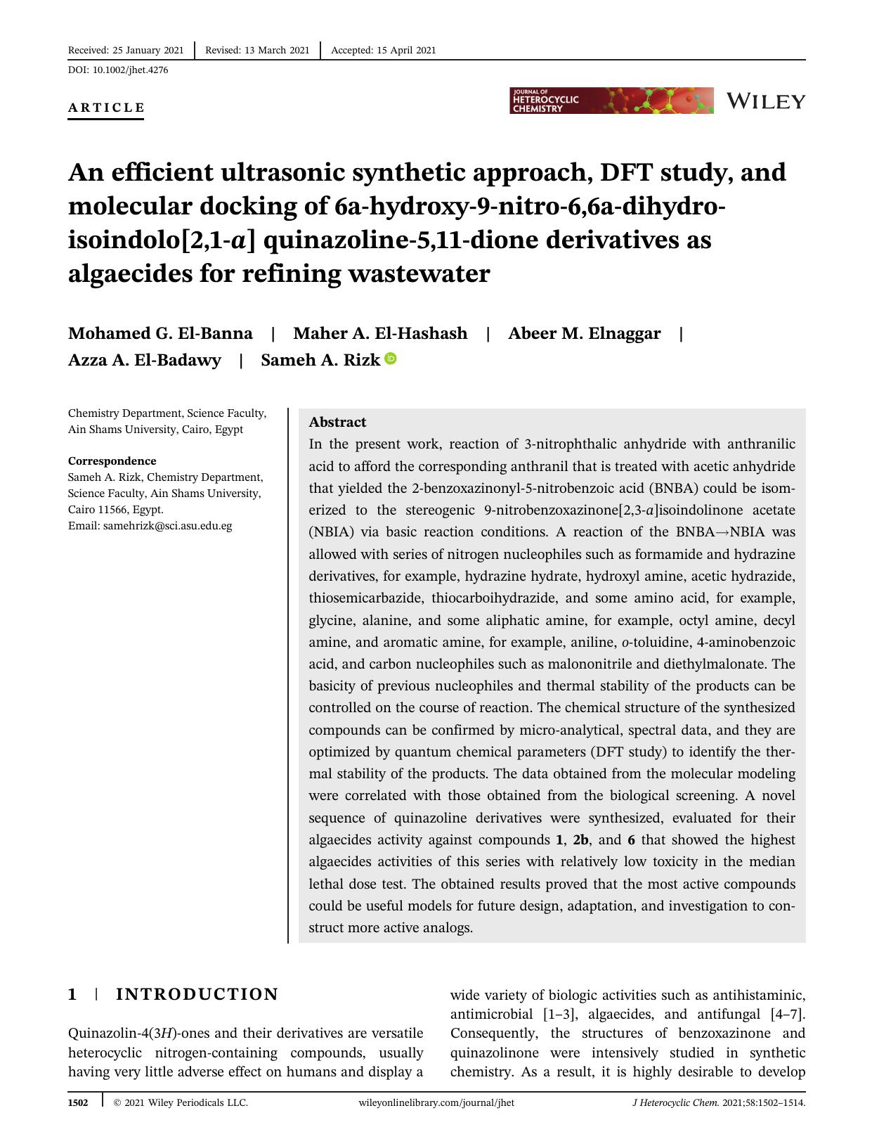 An efficient ultrasonic synthetic approach, DFT study and molecular docking of 6a-hydroxy-9-nitro-6,6a-dihydro-isoindolo[2,1-a] quinazoline-5,11-dione derivatives as algaecides for refining wastewater by Unknown