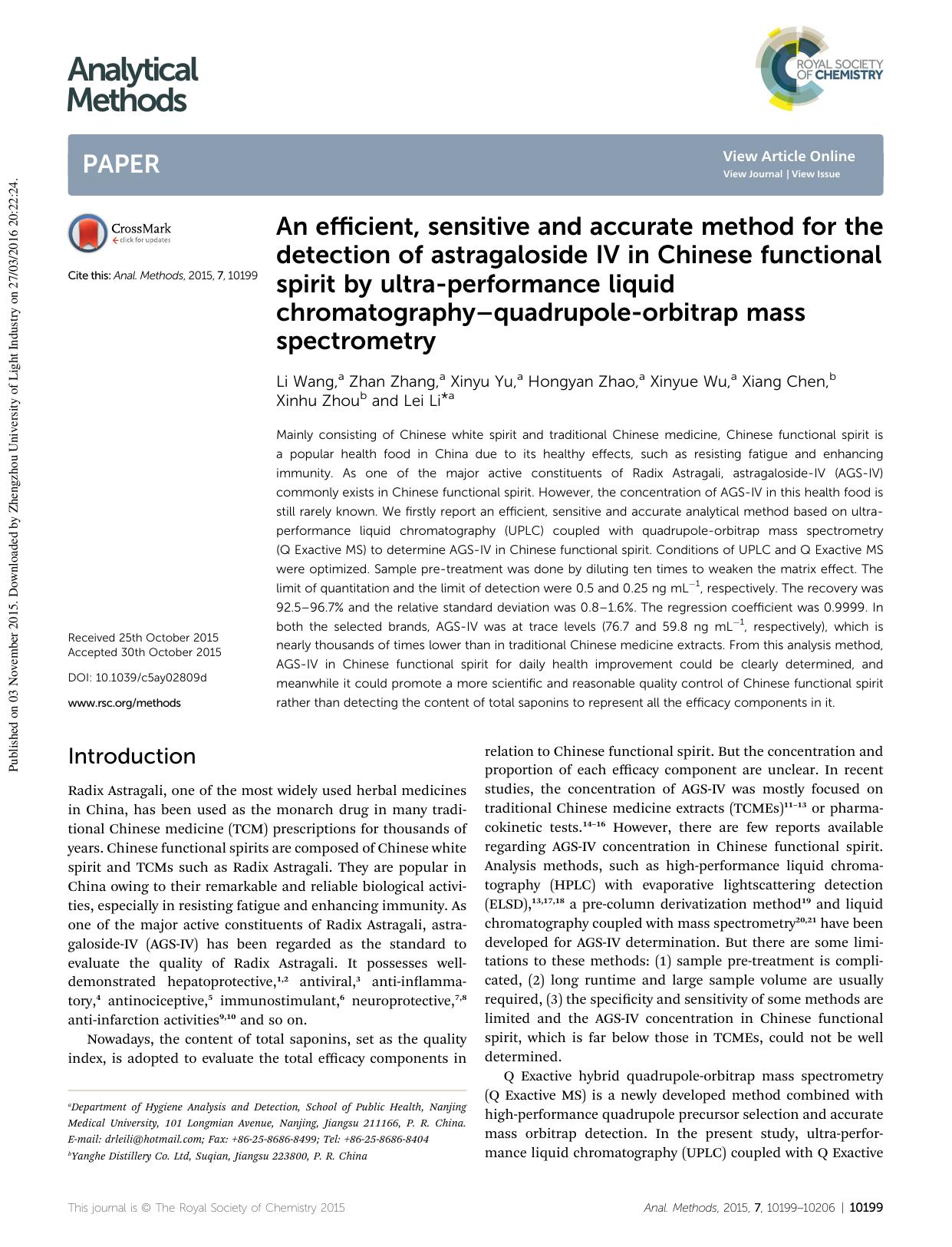 An efficient, sensitive and accurate method for the detection of astragaloside IV in Chinese functional spirit by ultra-performance liquid chromatographyâquadrupole-orbitrap mass spectrometry by Li Wang & Zhan Zhang & Xinyu Yu & Hongyan Zhao & Xinyue Wu & Xiang Chen & Xinhu Zhou & Lei Li