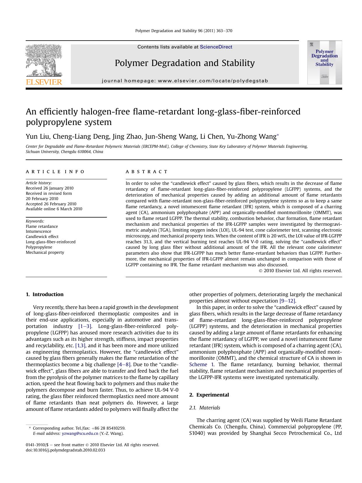 An efficiently halogen-free flame-retardant long-glass-fiber-reinforced polypropylene system by Yun Liu & Cheng-Liang Deng & Jing Zhao & Jun-Sheng Wang & Li Chen & Yu-Zhong Wang