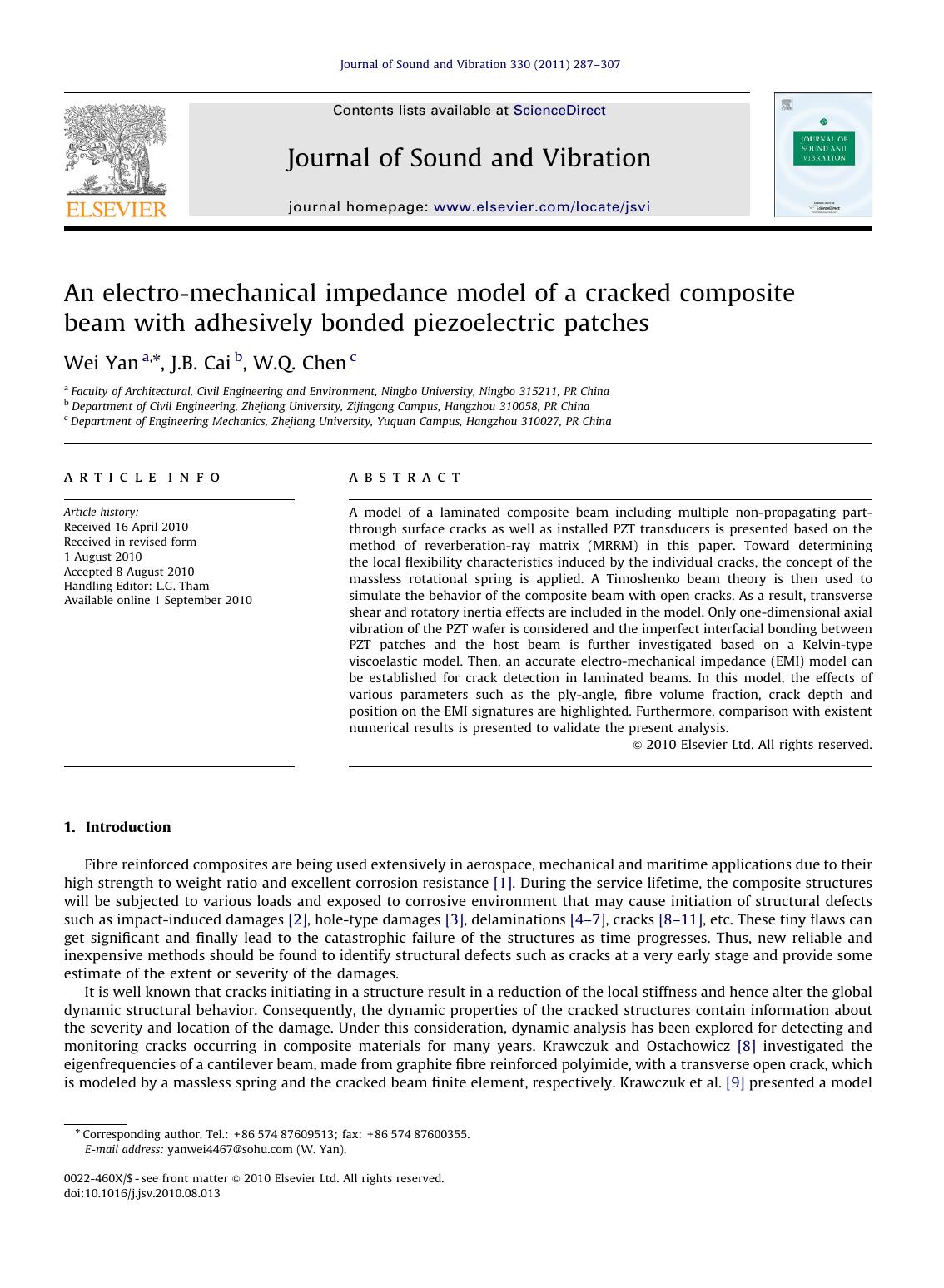 An electro-mechanical impedance model of a cracked composite beam with adhesively bonded piezoelectric patches by Wei Yan & J.B. Cai & W.Q. Chen