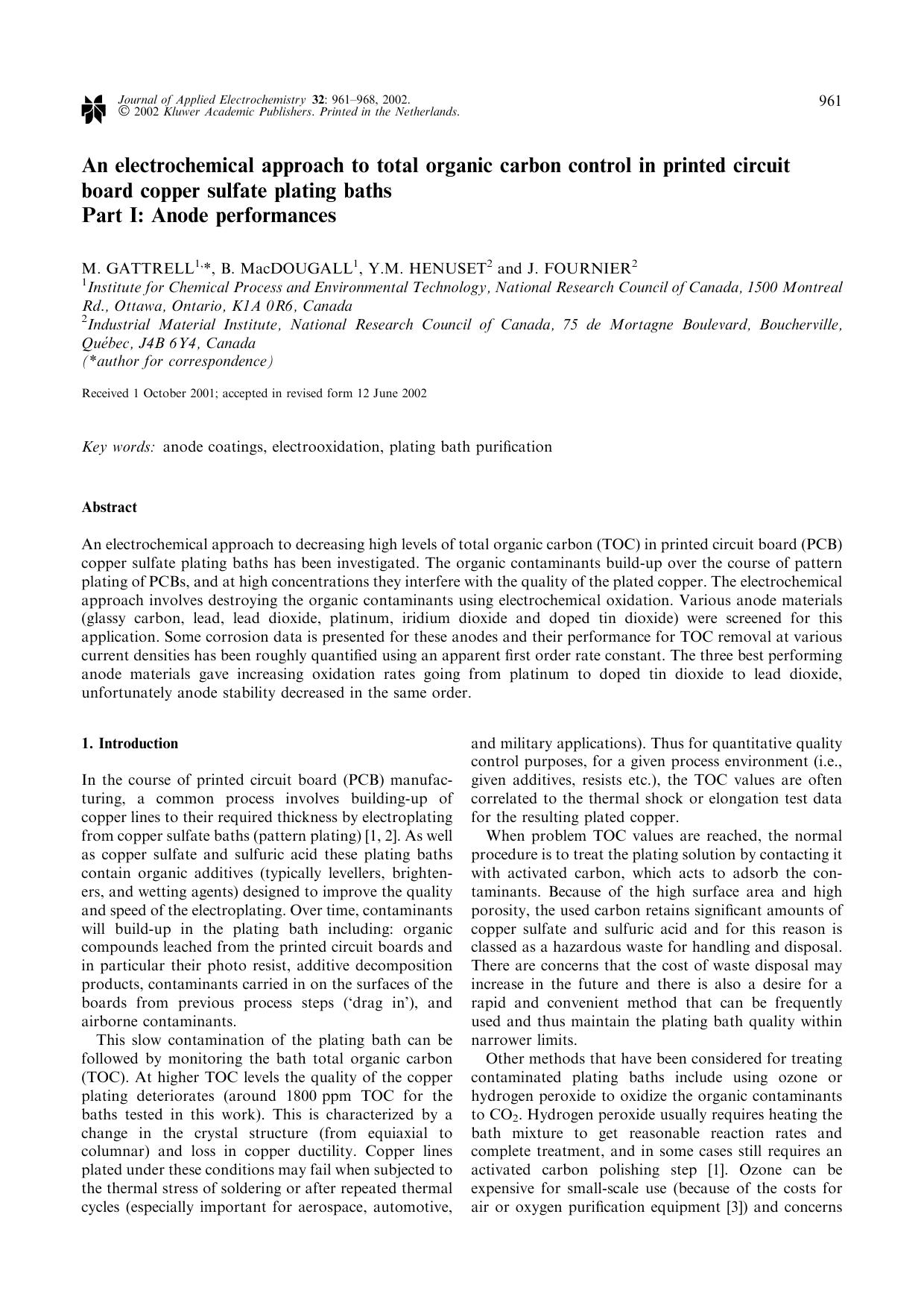 An electrochemical approach to total organic carbon control in printed circuit board copper sulfate plating baths Part I: Anode performances by Unknown