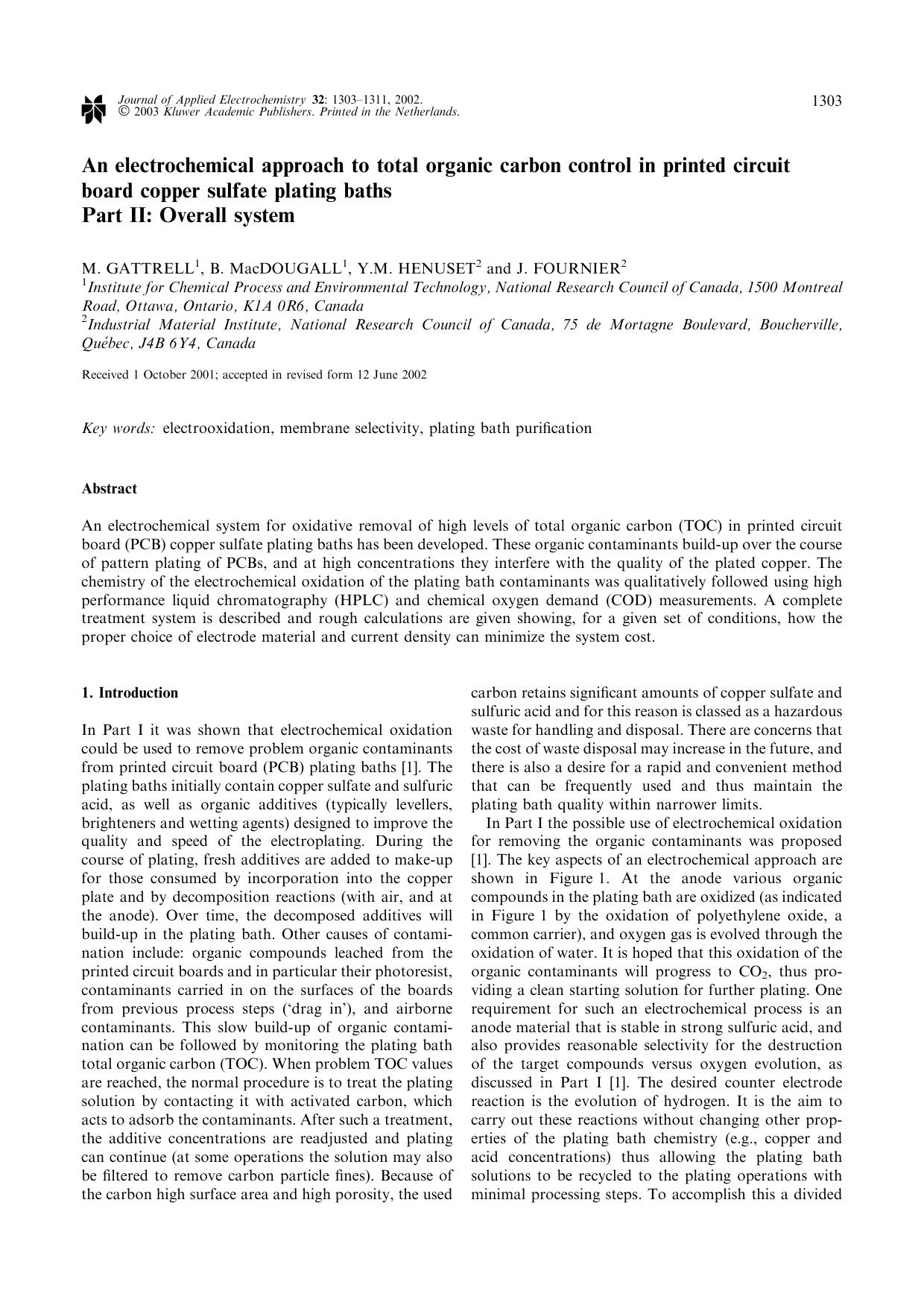 An electrochemical approach to total organic carbon control in printed circuit board copper sulfate plating baths Part II: Overall system by Unknown