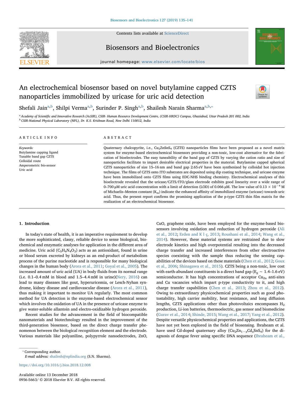 An electrochemical biosensor based on novel butylamine capped CZTS nanoparticles immobilized by uricase for uric acid detection by Shefali Jain & Shilpi Verma & Surinder P. Singh & Shailesh Narain Sharma