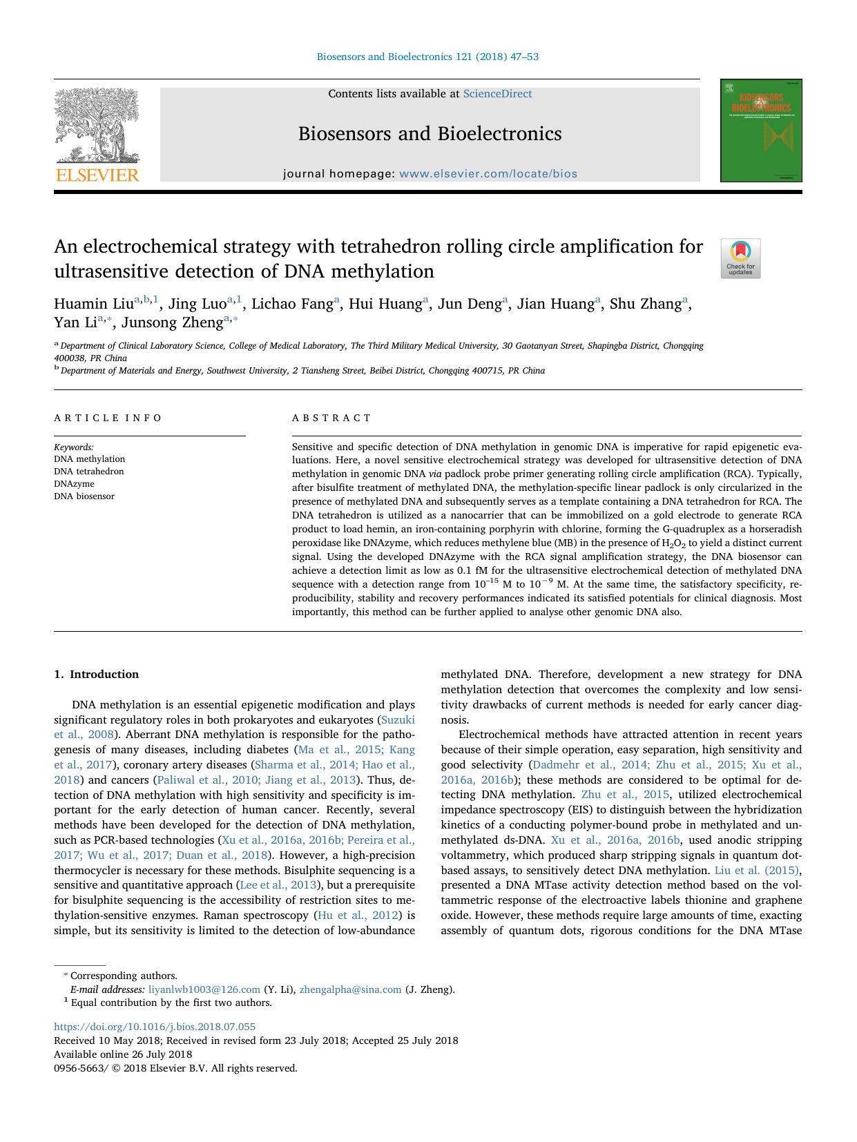 An electrochemical strategy with tetrahedron rolling circle amplification for ultrasensitive detection of DNA methylation by unknow