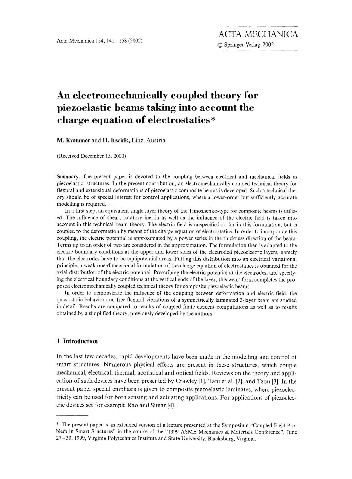 An electromechanically coupled theory for piezoelastic beams taking into account the charge equation of electrostatics by Unknown