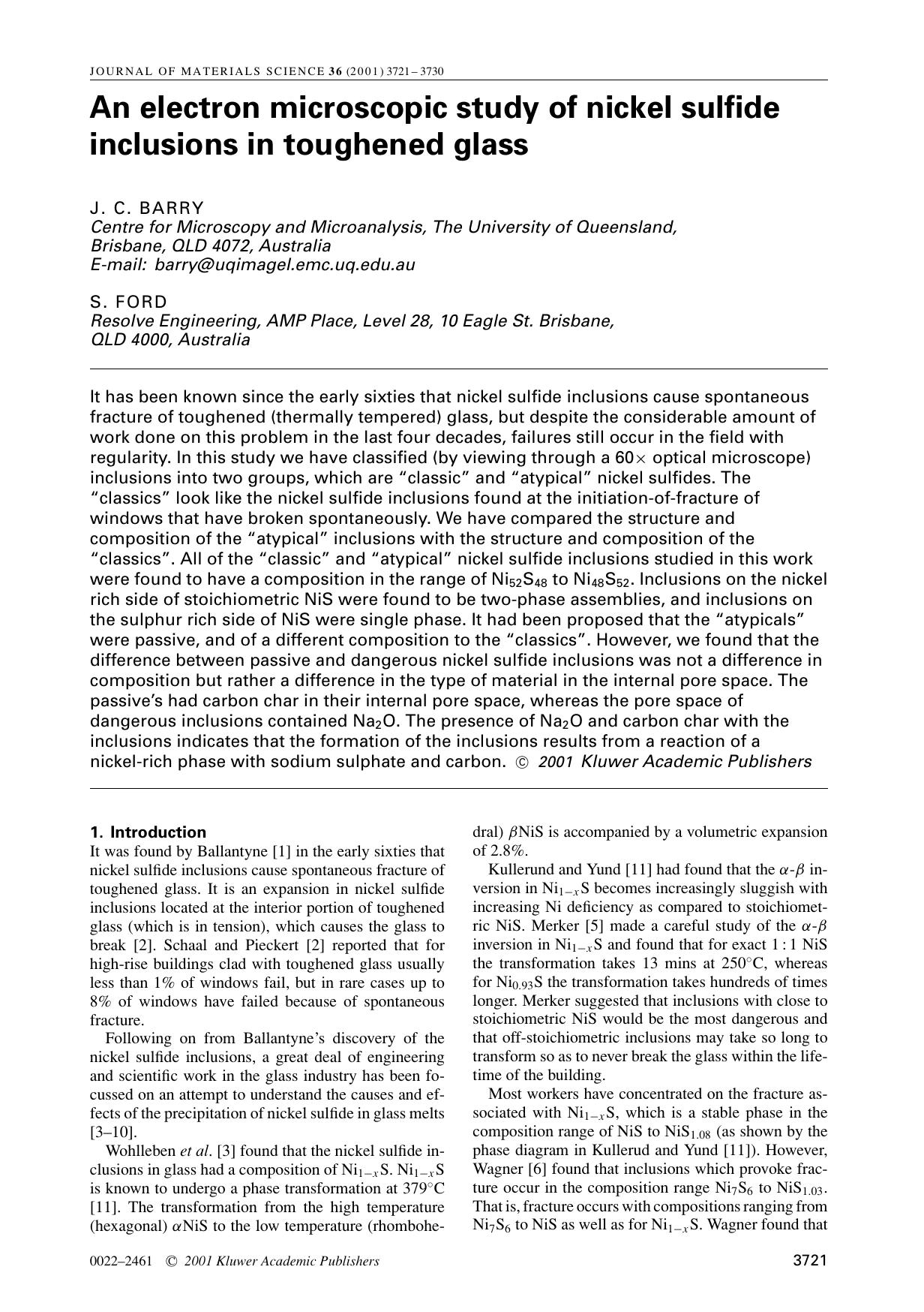 An electron microscopic study of nickel sulfide inclusions in toughened glass by Unknown
