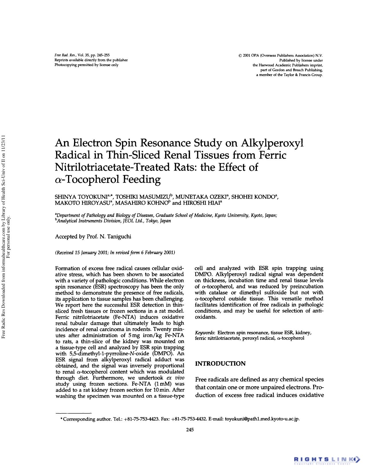 An electron spin resonance study on alkylperoxyl radical in thin-sliced renal tissues from ferric nitrilotriacetate-treated rats: The effect of Î±-tocopherol feeding by unknow