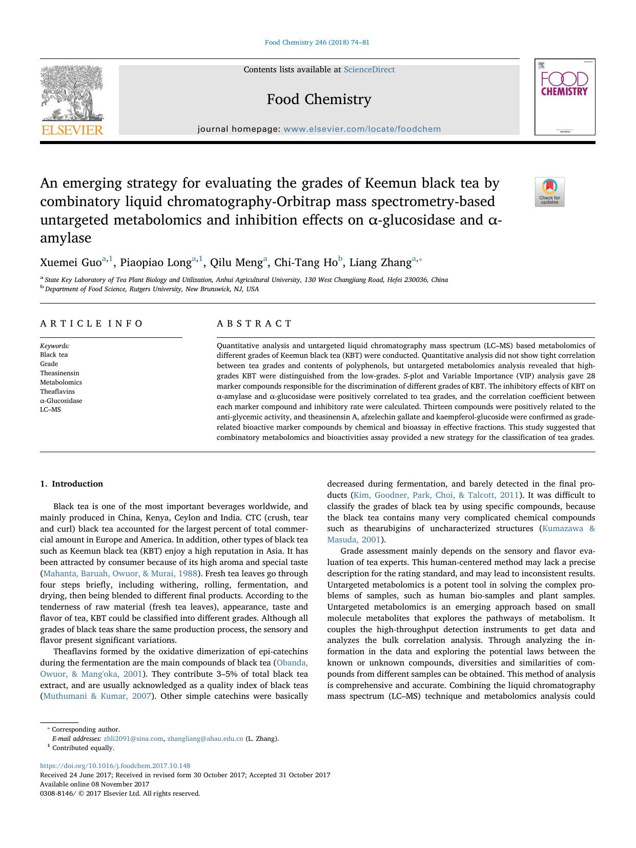 An emerging strategy for evaluating the grades of Keemun black tea by combinatory liquid chromatography-Orbitrap mass spectrometry-based untargeted metabolomics and inhibition effe by Xuemei Guo & Piaopiao Long & Qilu Meng & Chi-Tang Ho & Liang Zhang