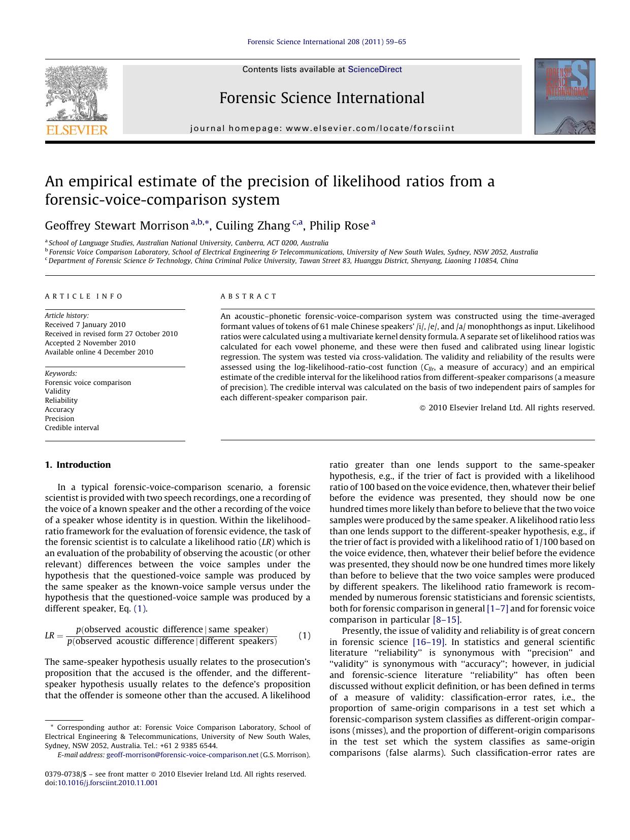 An empirical estimate of the precision of likelihood ratios from a forensic-voice-comparison system by Geoffrey Stewart Morrison