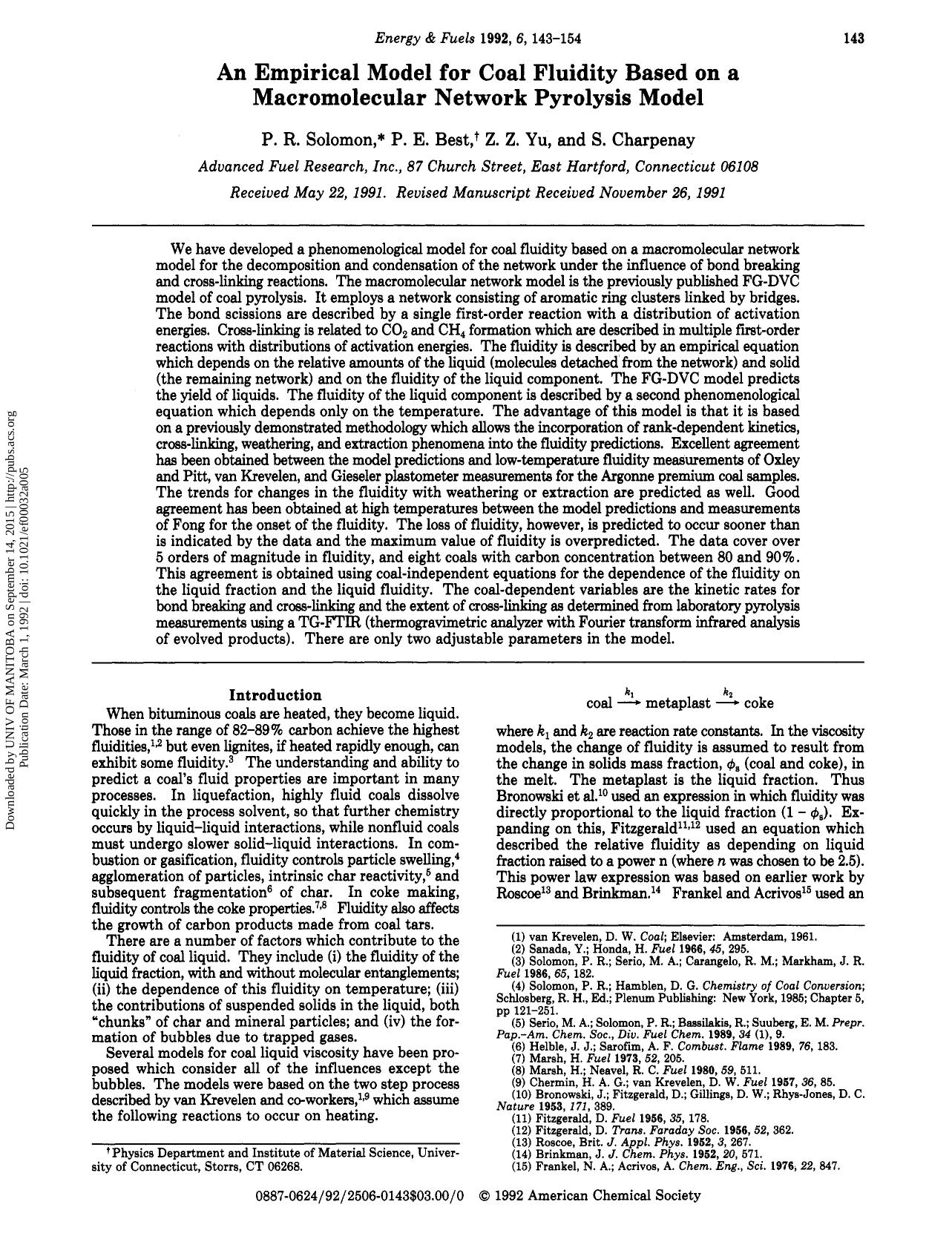 An empirical model for coal fluidity based on a macromolecular network pyrolysis model by P. R. Solomon P. E. Best Z. Z. Yu & S. Charpenay