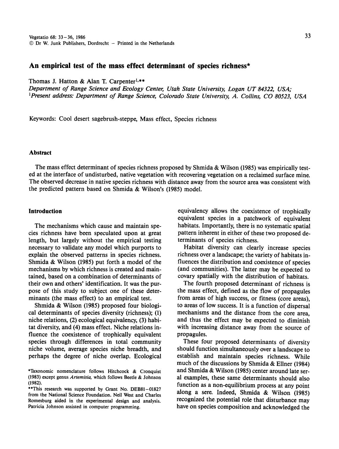 An empirical test of the mass effect determinant of species richness by Unknown