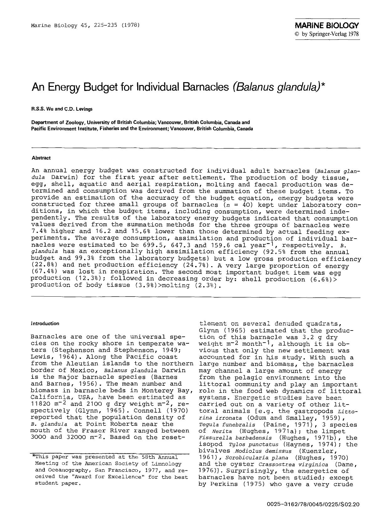 An energy budget for individual barnacles (<Emphasis Type="Italic">Balanus glandula<Emphasis>) by Unknown