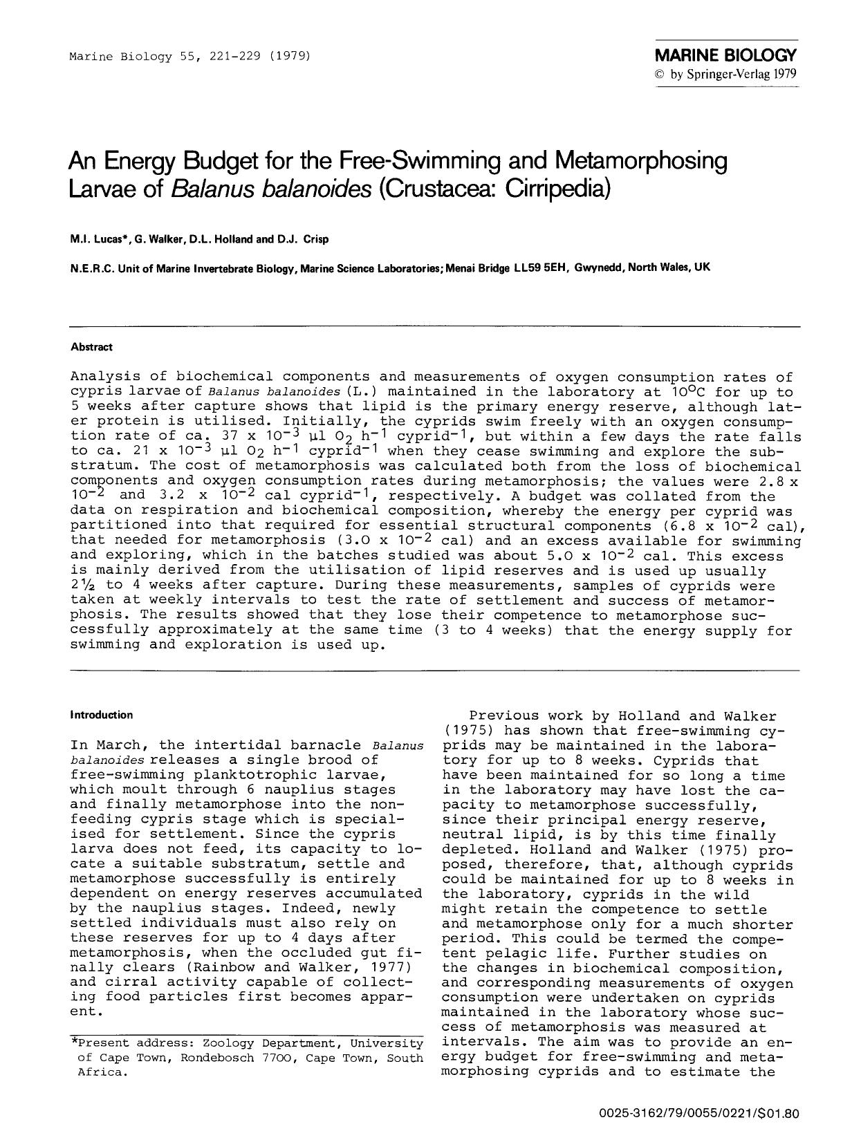An energy budget for the free-swimming and metamorphosing larvae of <Emphasis Type="Italic">Balanus balanoides<Emphasis> (Crustacea: Cirripedia) by Unknown