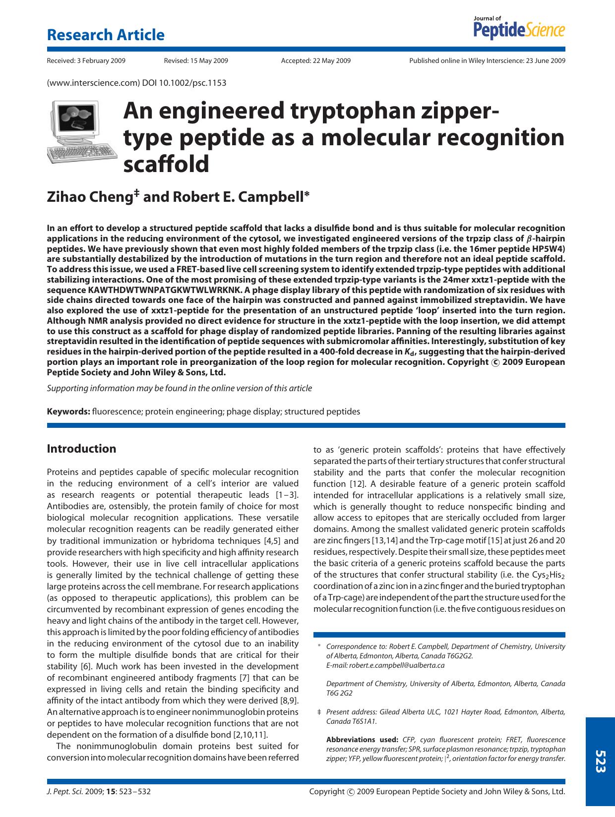 An engineered tryptophan zipper-type peptide as a molecular recognition scaffold by Unknown