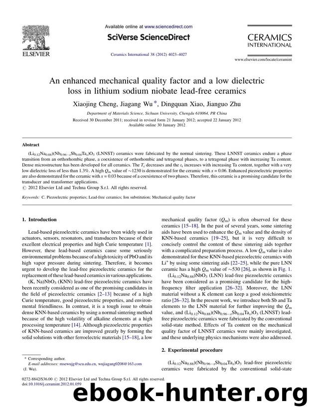An enhanced mechanical quality factor and a low dielectric loss in lithium sodium niobate lead-free ceramics by Xiaojing Cheng